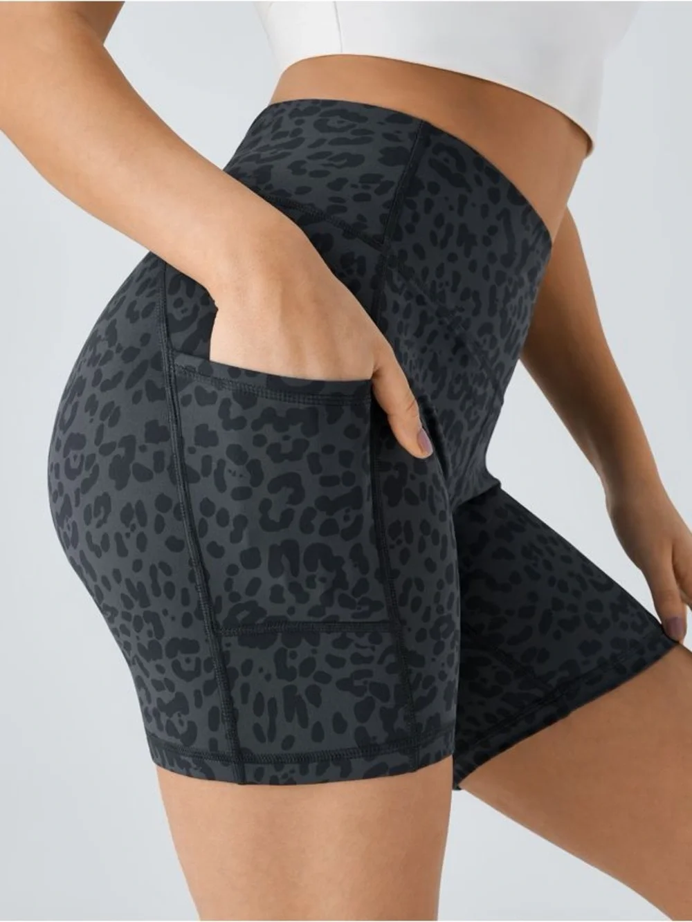 HALARA S NWT Dark Gray Blue Leopard Print High-Waist Pocket Biker Shorts